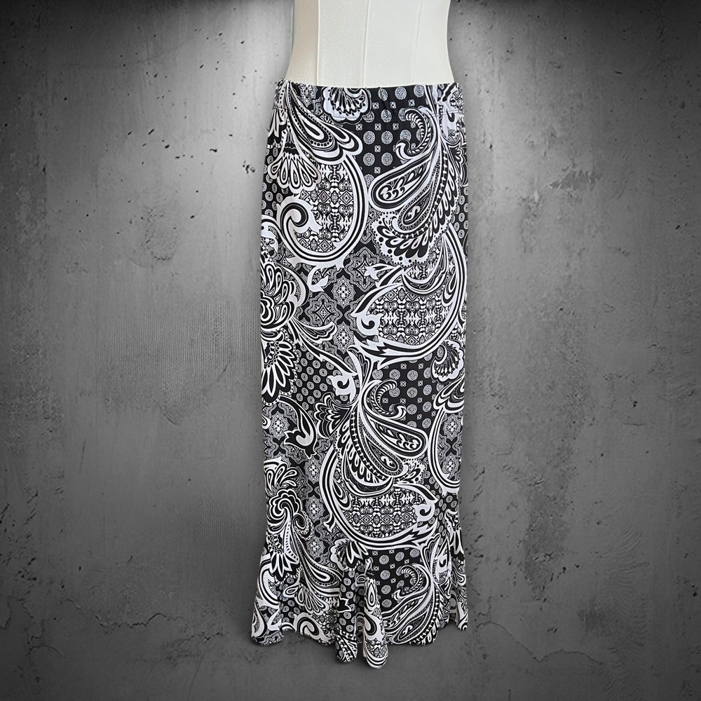 SJS Paisley Textured Mermaid Maxi Skirt XL Stretchy Black White Boho Whimsigoth